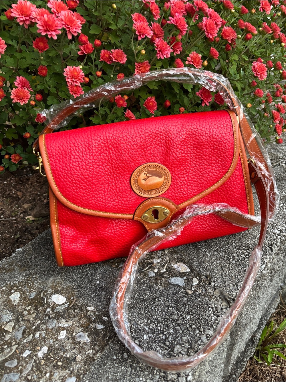 Dooney & Bourke Red Pebble Leather Shoulder Bag with Tan Trim